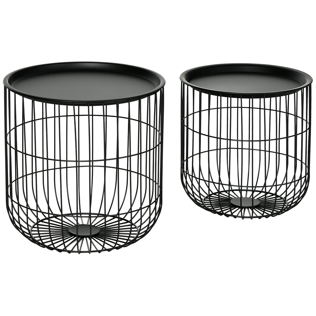 HOMCOM Nesting Coffee Tables, Round Coffee Table Set of 2 with Steel Wired Basket Body and Removable Top, Stacking End Tables Blanket Storage for Living Room, Black HOMCOM