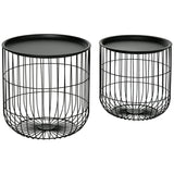 HOMCOM Nesting Coffee Tables, Round Coffee Table Set of 2 with Steel Wired Basket Body and Removable Top, Stacking End Tables Blanket Storage for Living Room, Black HOMCOM