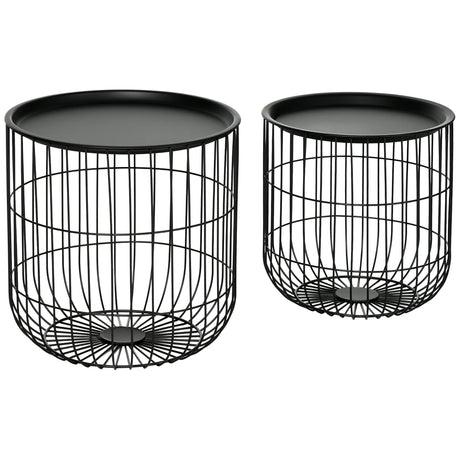 HOMCOM Nesting Coffee Tables, Round Coffee Table Set of 2 with Steel Wired Basket Body and Removable Top, Stacking End Tables Blanket Storage for Living Room, Black HOMCOM