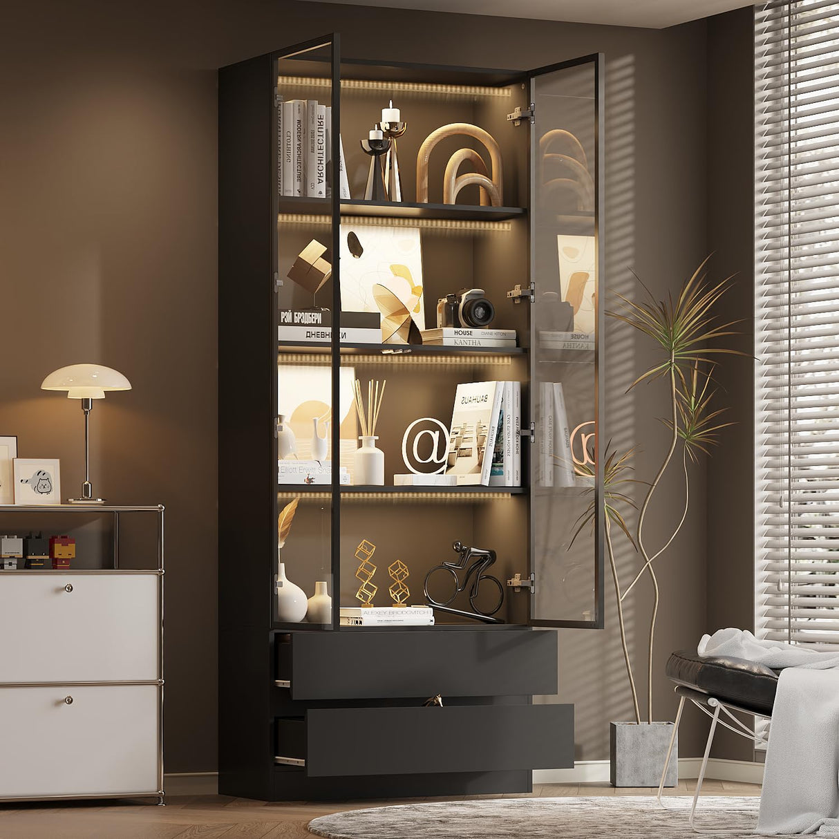 WOODTIME 78.7" H Display Storage Cabinet with Tempered Glass Doors & 3-Color Light, Wooden Curio Cabinet Bookcase Bookshelf with 4-Tier Shelves & 2 Drawers for Home Office Living Room Salon, Black WOODTIME