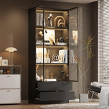 WOODTIME 78.7" H Display Storage Cabinet with Tempered Glass Doors & 3-Color Light, Wooden Curio Cabinet Bookcase Bookshelf with 4-Tier Shelves & 2 Drawers for Home Office Living Room Salon, Black WOODTIME