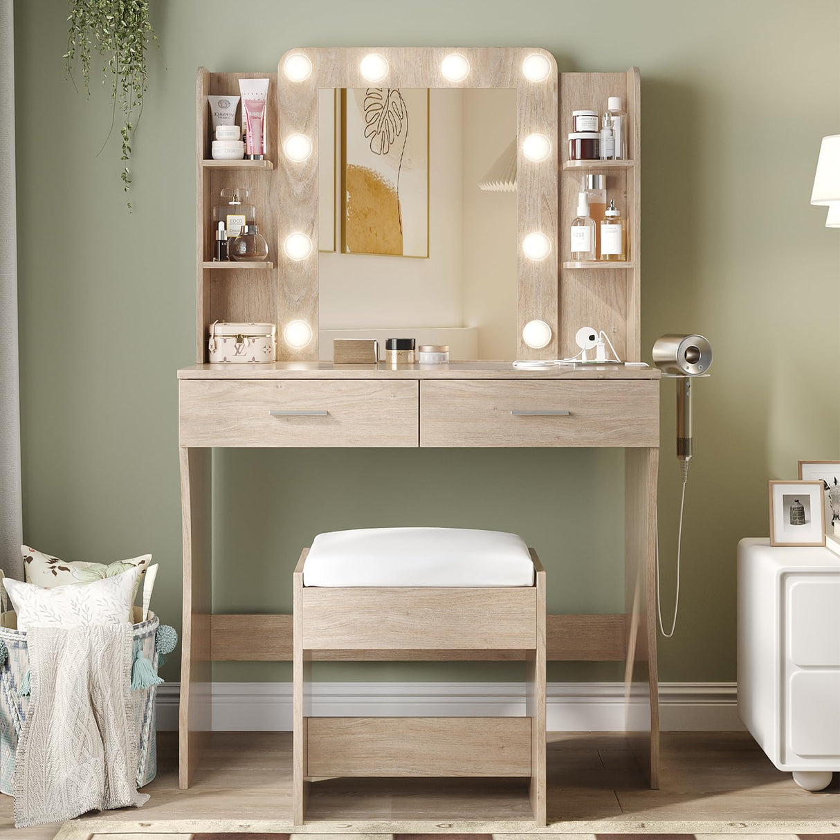 Vabches Vanity Desk with Mirror and Lights,Makeup Vanity Table with Charging Station,2 Drawer Bedroom Dressing Table with 3 Colors Modes Dimming & Cushioned Stool,Natural Oak Vabches