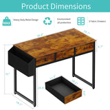 Lufeiya 40 Inch Desk with Drawers for Bedroom - 39 Inch Home Office Desks with 3 Fabric Storage Drawer and Pocket, Study Writing Table Rustic Computer Desk, Vintage Brown Lufeiya