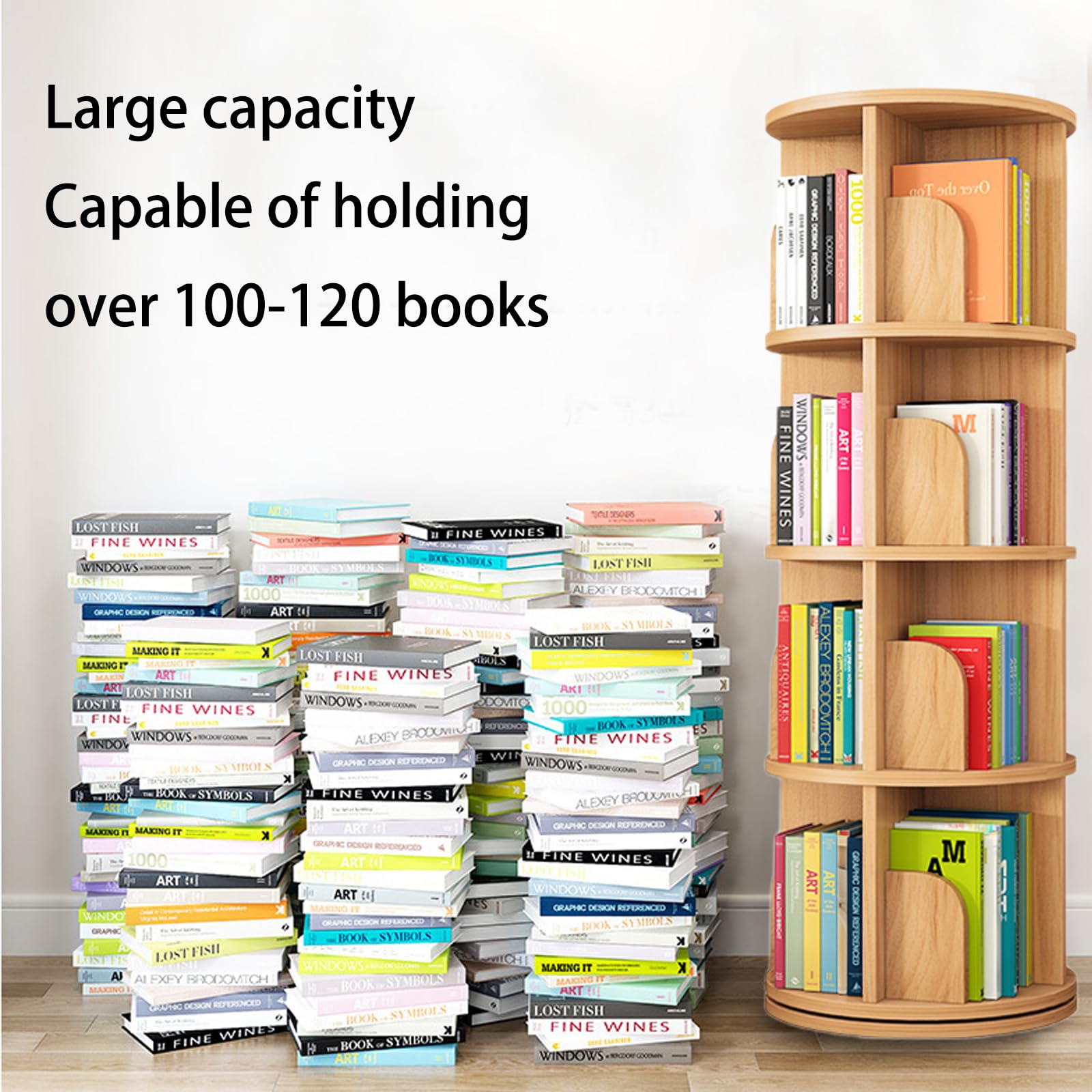 Feuusec 4-Tier Rotating Solid Wood Bookshelf Tower for Kids & Adults - Space-Saving Corner Display Bookcase - WoodArtSupply