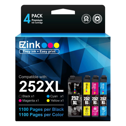 E-Z Ink (Remanufactured Ink Cartridge Replacement for Epson 252XL 252 XL T252XL120 to use with Workforce WF-7110 WF-7720 WF-7710 WF-3620 WF-3640 (1 Large Black, 1 Cyan, 1 Magenta, 1 Yellow) 4 Pack