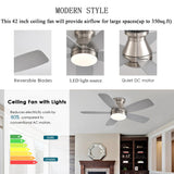 JSAITEE Ceiling Fans with Lights, 42 Inch Low Profile Ceiling Fan with Light and Remote/App Control, Flush Mount, Reversible, 3CCT, Dimmable, Noiseless, Nickel Ceiling Fan for Indoor/Outdoor Use JSAITEE