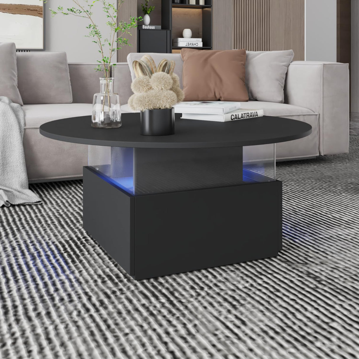 HedoAjim 31.5" Round Coffee Table for Living Room, LED Modern Living Room Table with Storage, Square Acrylic Coffee Tables with 2 Sliding Drawers, Wood Center Table for Reception Dinning Room, Black HedoAjim
