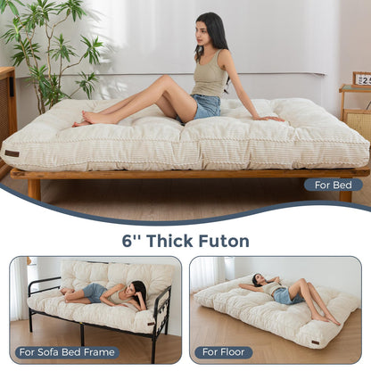 MAXYOYO 6" Futon Mattress Full Size, Tufted Futons Sofa Couch Bed with Twisted Rope Design Edging, Thick Corded Fabric Floor Mattress for Adults, Shredded Foam Filling (Frame Not Included), Beige