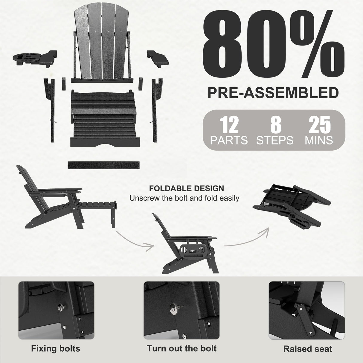 NAVINE Adjustable Adirondack Chair Set of 2 with Ottoman, Folding Adirondack Chair, HDPE Adirondack Chair with Multifunctional Cup Holder Trays for Deck, Terrace, Patio, Poolside, Fire Pit. NAVINE
