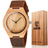 CUCOL Mens Wooden Watches Brown Cowhide Leather Strap Casual Watch for Groomsmen Gift with Box CUCOL