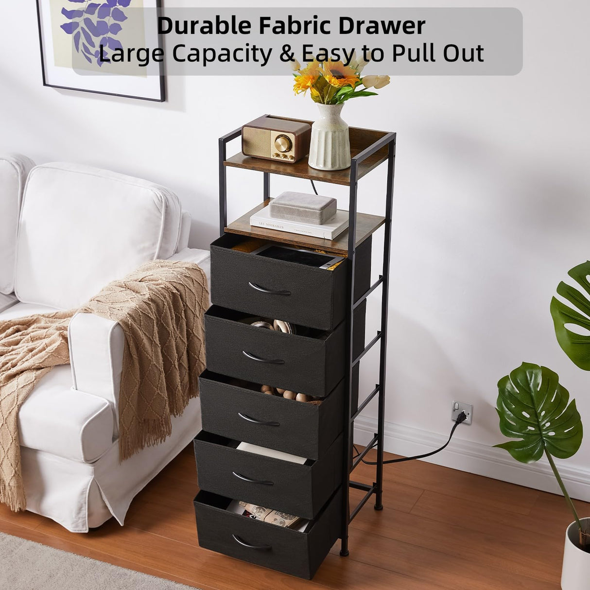 Somdot Black Nightstand with Charging Station and LED Light for Bedroom, Tall 5 Drawers Dresser with Fabric Bins for Bedside Kids Dorm Room Closet Laundry Entryway, Black Rustic Brown Somdot