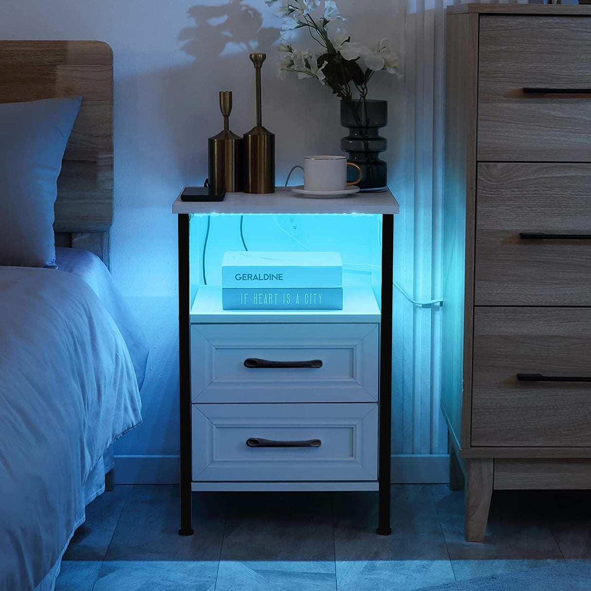 HOSEOKA Night Stand Charging Station and RGB Lights for Night Side Table Nightstand with USB Ports and Outlets White Night Stand Table with Drawers Farmhouse Nightstand for Bedroom HOSEOKA