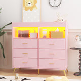 Patikuin Dresser for Bedroom with LED Lights and Power Outlet, Baby Changing Table Dresser with 6 Drawers, 2 Open Storage Shelves, Baby Dresser with Changing Table Top, Pink Patikuin