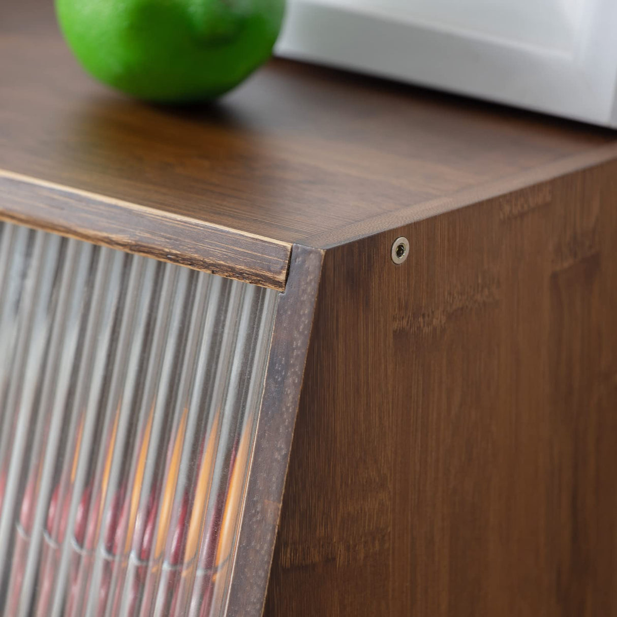 HollyHOME Small Bamboo Kitchen Pantry Sideboard with 2 Sliding Striped Glass Doors, Freestanding Countertop Storage Cabinet for Bottles, Dish, Bowl, Console Dining Cupboard, Walnut HollyHOME