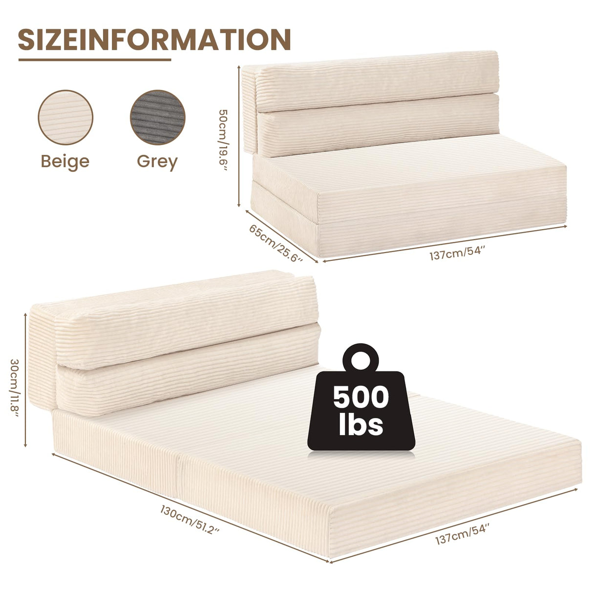 JUIKURY Folding Sofa Bed, Convertible Sleeper Chair with Pilow Foldable Matress, 2 in 1 Pull Out Loveseat Sofa Portable Fold Out Chair Bed Comfy Floor Couch Lounge for Living Room Bedroom, Beige,Full JUIKURY