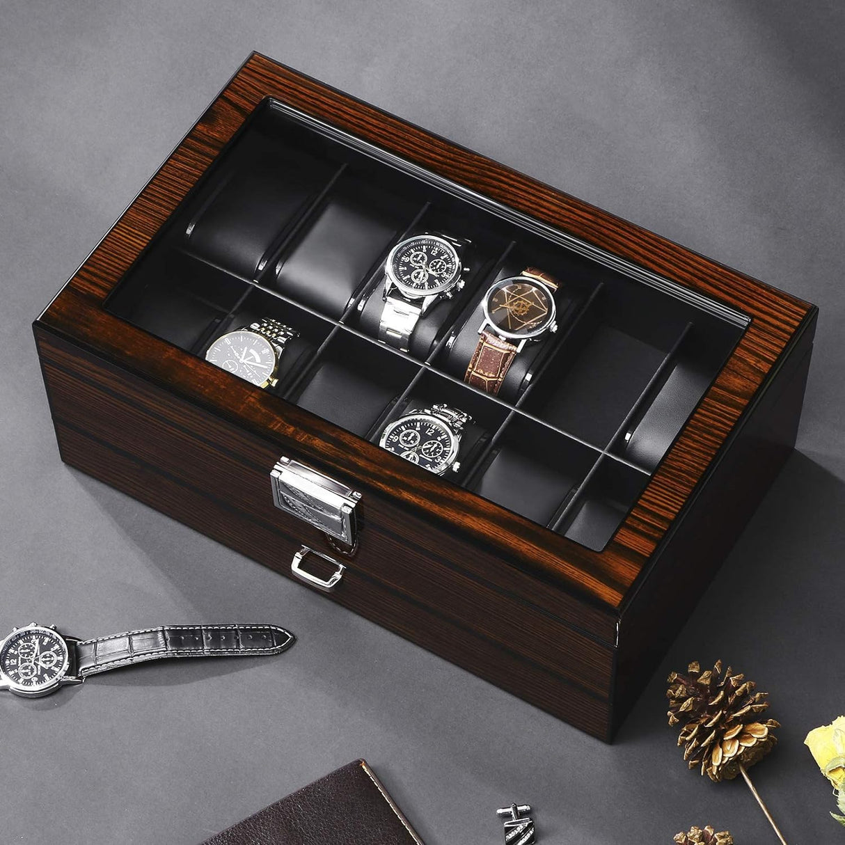 BEWISHOME 12 Watch Box with Valet Drawer, Luxury Watch Case,Watch Organizer for Mens Accessories with Real Glass Top,Metal Hinge, Brown SSH02Y BEWISHOME