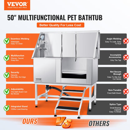 VEVOR 50" Pet Dog Bathing Station w/Stairs, Professional Stainless Steel Dog Grooming Tub w/Soap Box, Faucet,Rich Accessory, Dog Bathtub for Large,Medium,Small Pets, Washing Sink for Home Rig - WoodArtSupply