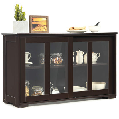 Costzon Sideboard Buffet Cabinet, Wooden Kitchen Storage Cabinet with Adjustable Shelf, Sliding Glass Doors, Accent Coffee Bar Cabinet Console Table for Living Room, Dining Room, Hallway (Coffee)