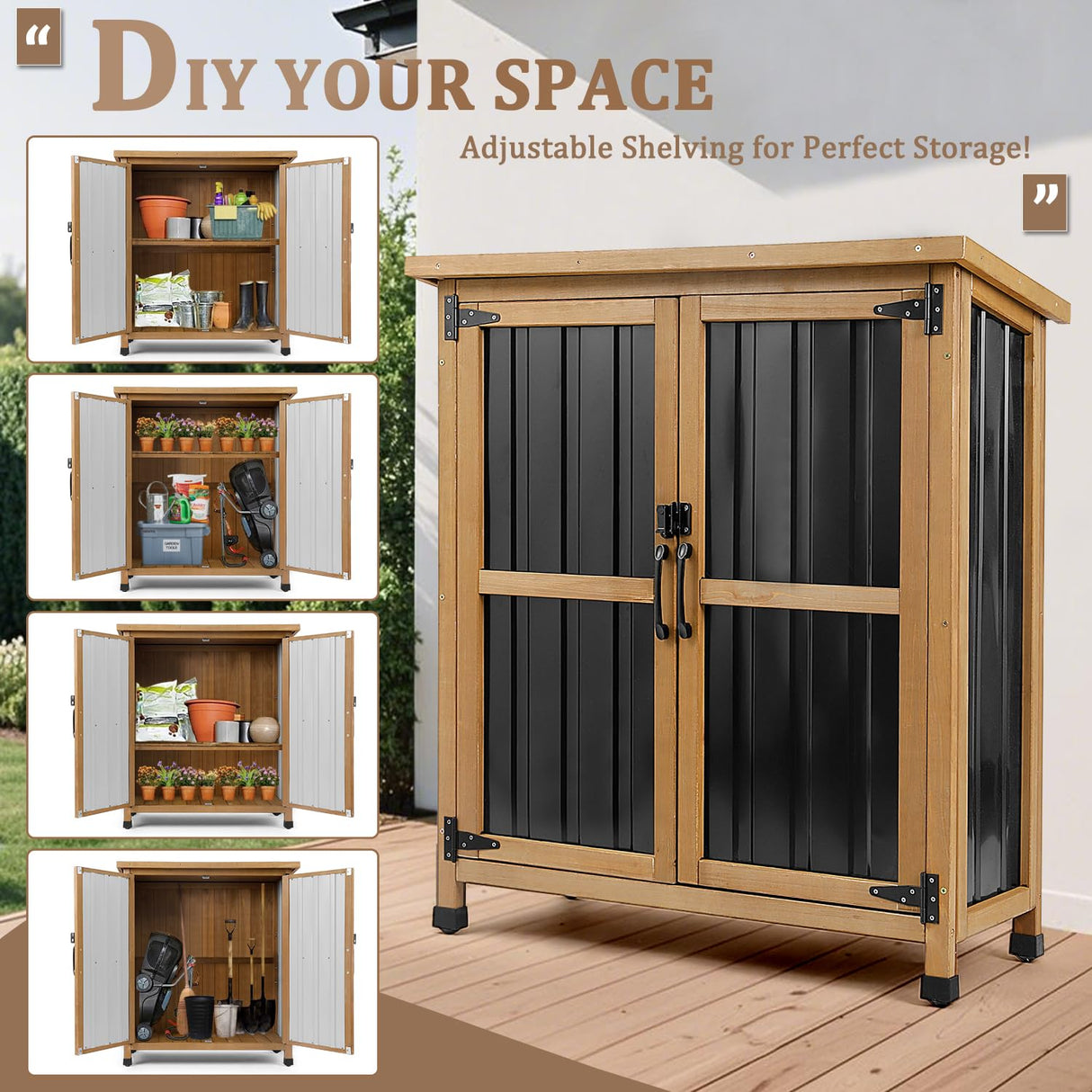 Weatherproof Outdoor Storage Cabinet with Lockable Doors, Wood & Metal Garden Storage Shed Patio Storage Box for Tools & Lawn Equipment, Pool Accessories PetsCosset