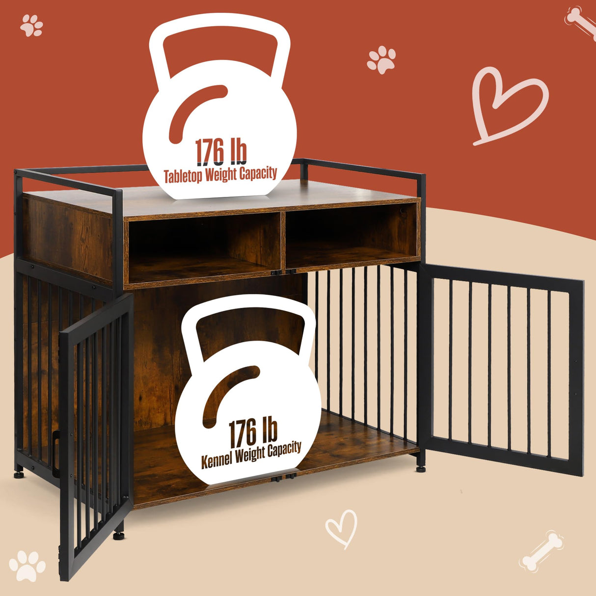 Houseables Dog Crate Furniture, Dog Kennel Indoor, Medium Dog Crate, Dog Kennel Furniture, 41 Inch, Metal, Rustic Brown Wood, Dog Crate Table, Wooden Dog Crate Furniture, Furniture Crate for S-M Dogs Houseables
