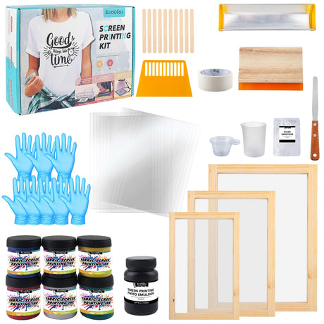 Ecoofor 49pcs All-in-One Screen Printing Kit with, 3 Size Wood Screen Printing Frames, 6 Colors Screen Printing Ink,10 A4 Size Inkjet Transparency Films Ecoofor