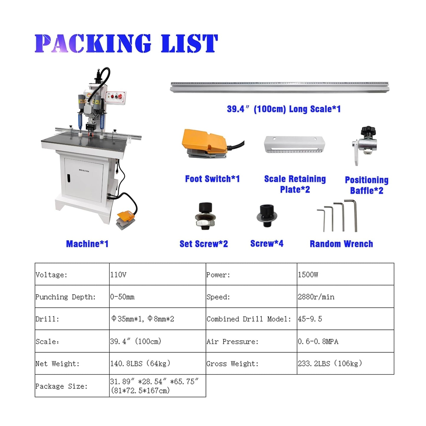 BREVELTION 110V Pneumatic Hinge Boring Insertion Machine Single Head Hinge Drill for Drilling Processing of Cabinets Wardrobes 45-9.5 Combined Drill 1.5KW - WoodArtSupply