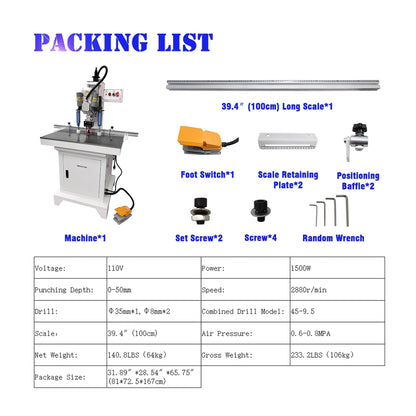 BREVELTION 110V Pneumatic Hinge Boring Insertion Machine Single Head Hinge Drill for Drilling Processing of Cabinets Wardrobes 45-9.5 Combined Drill 1.5KW - WoodArtSupply