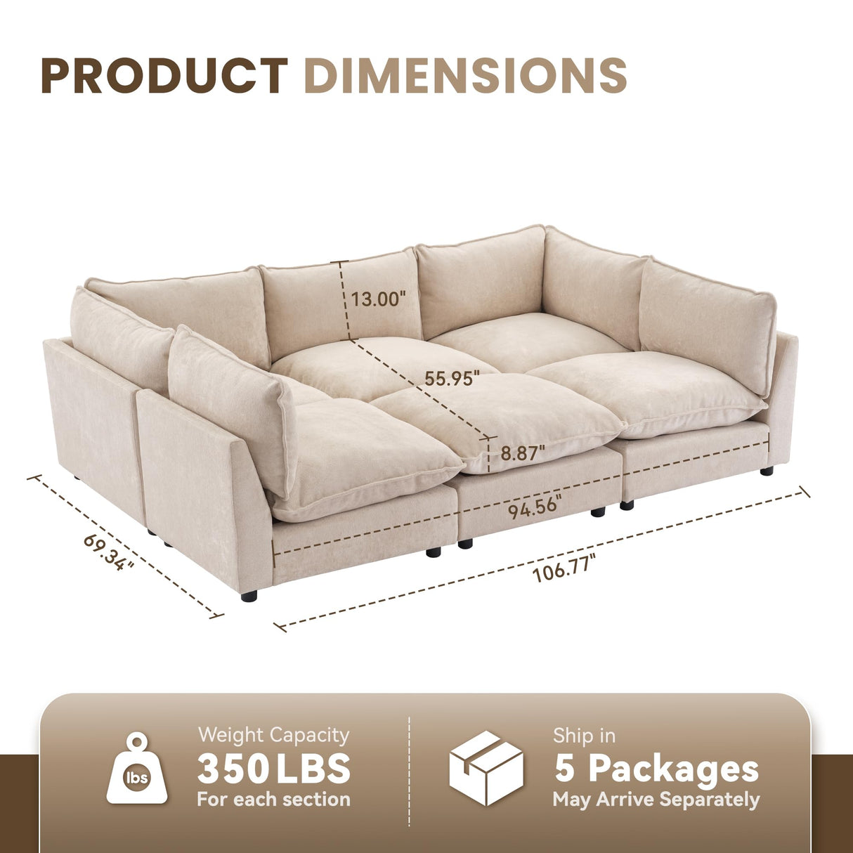 Tbfit Oversized Modular Sectional Sofa, Chenille Cloud Couch Deep Seat, 6-Seater Modular Sofa Couch for Living Room, Beige Tbfit