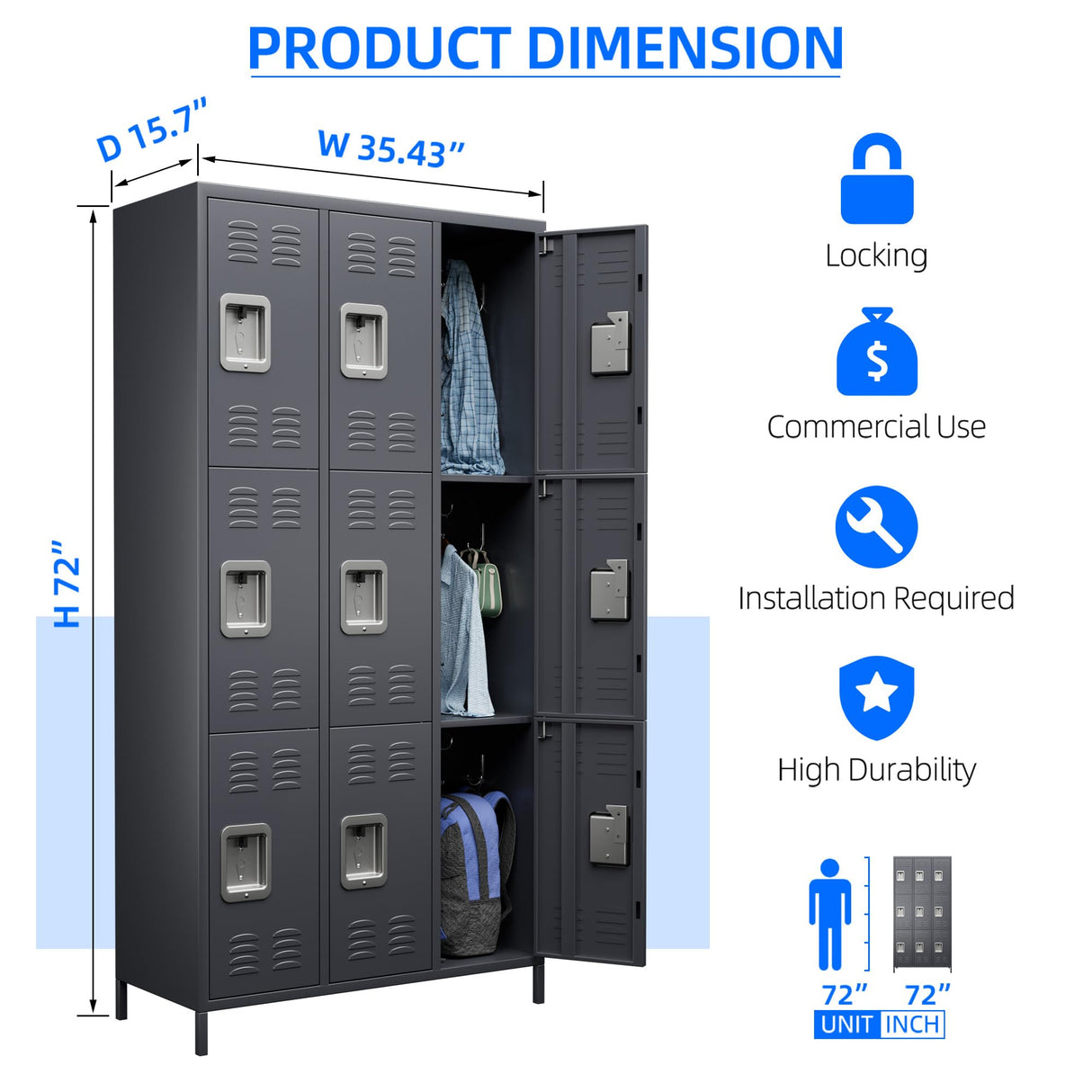 SUXXAN 9 Doors Storage Locker Combination with 18 Hooks,Industries Double Tier Metal Locker for School Office Gym Home Employees Staff Sundries Room W35.43*D15.7*H72(Dark Grey) SUXXAN