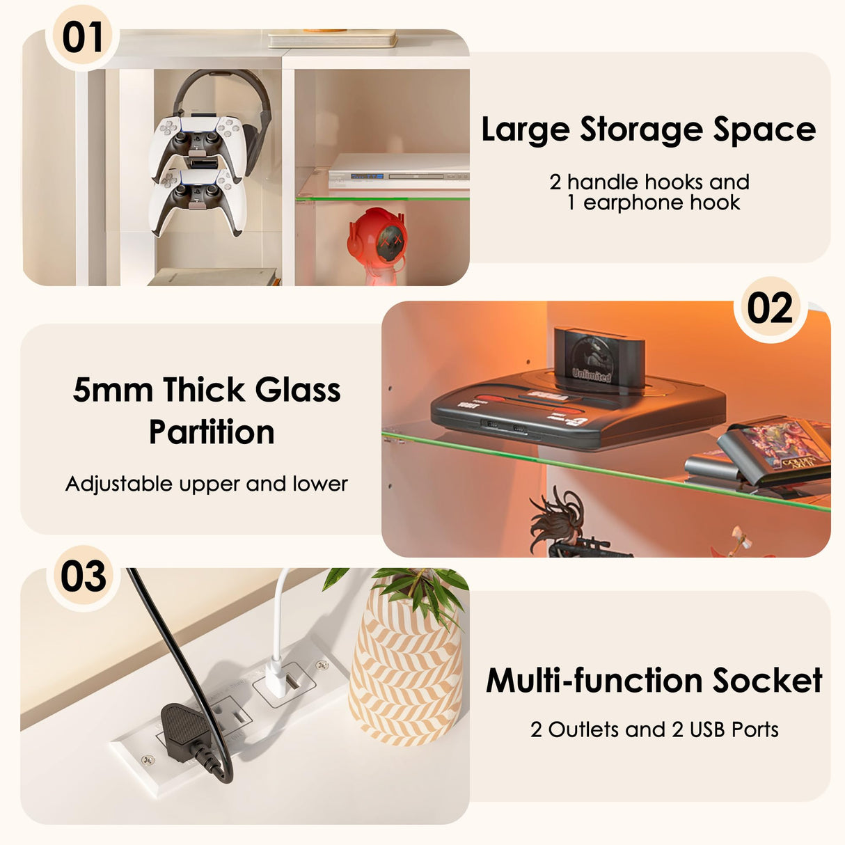 SogesPower LED TV Stand for 55/60/65” TVs,LED Entertainment Center with Charging Station and Adjustable Glass Shelves,TV Stand with Lights for Bedroom Living Room,Media TV Console with Storage,White SogesPower