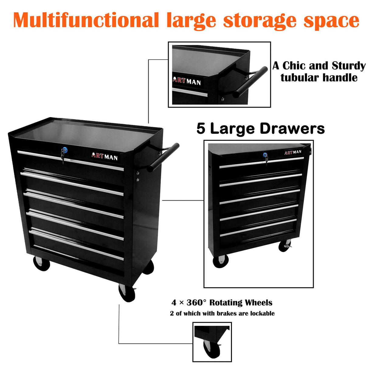 nifoti 5 Large Drawers Tool Cart on Wheels,Rolling Tool Chest Tool Storage,Drawers Rolling Tool Trolley Organizer Tool Case for Garage, Warehouse, Workshop, Repair Shop (5 Large Drawers-29.3"H-Black) nifoti