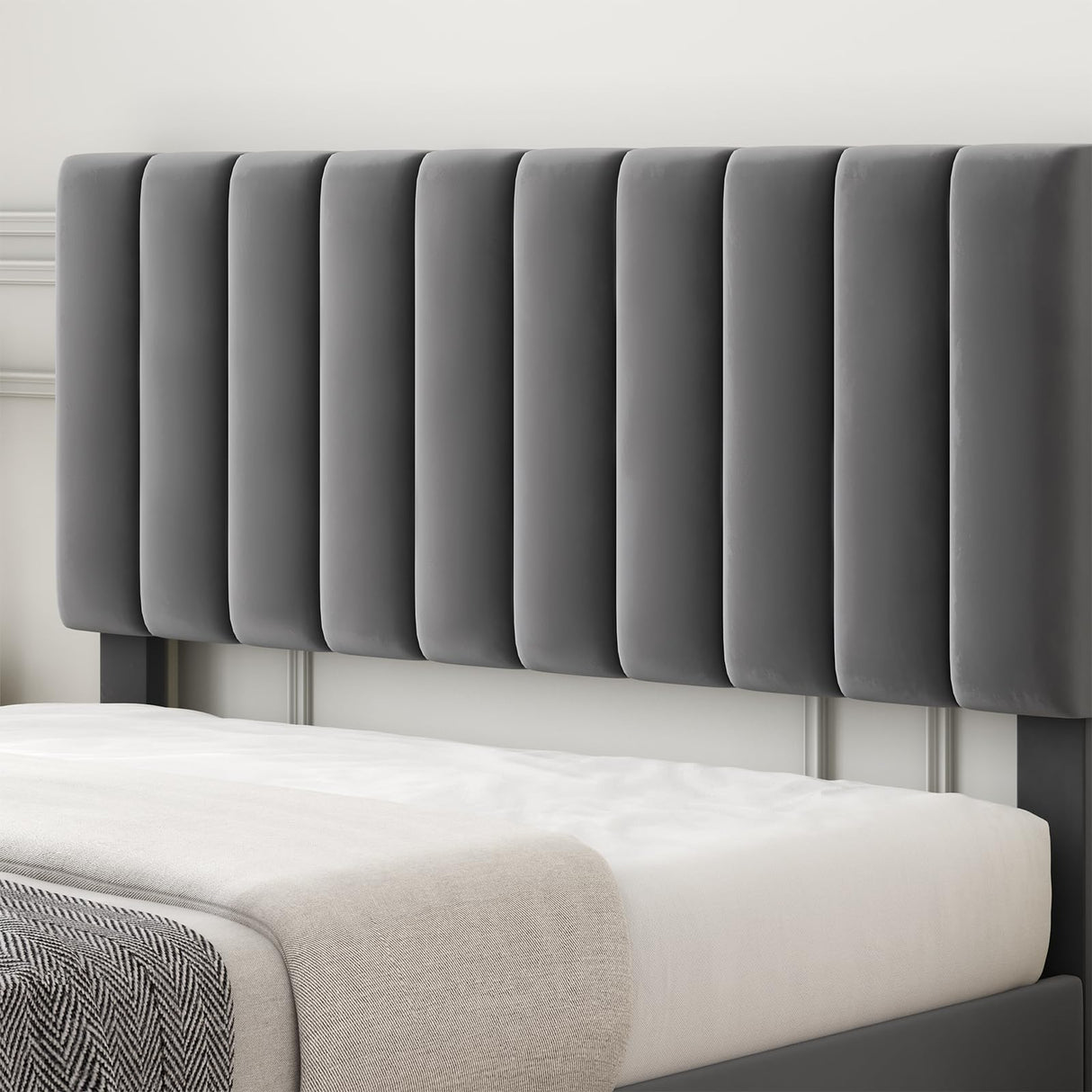 IDEALHOUSE Queen Size Bed Frame with Adjustable Headboard, Velvet Upholstered Platform Bed Frame with Strong Wooden Slats, Non-Slip and Noise-Free, No Box Spring Needed, Easy Assembly, Grey IDEALHOUSE