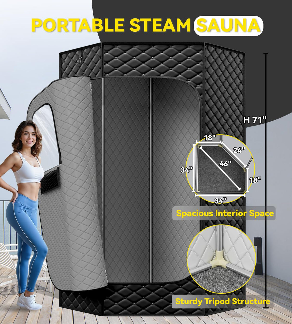 Portable Sauna Box for Home, Personal Steam Nurecover Saunas Tent at Home Use, 𝟏𝟐𝟎𝟎𝐖 𝟑𝐋 Steamer, Pentagon Design with Higher Temperature & Lager Space 2.9’ x 3.9’ x 5.9’, Black Tehanld