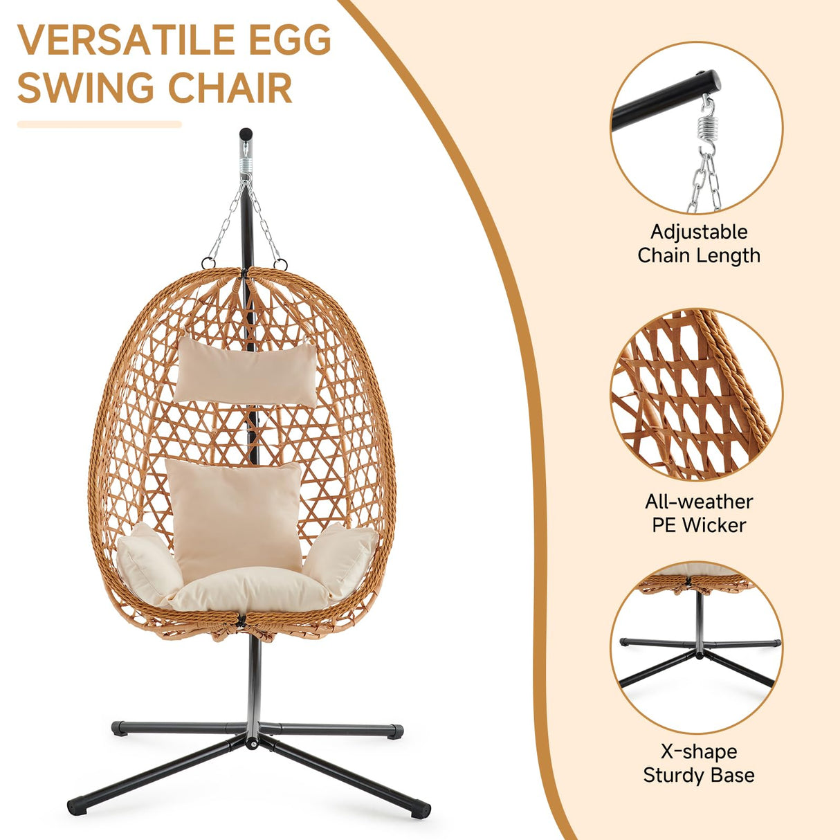 Thinlute Outdoor Hanging Egg Chair, Patio Wicker Swing Chair with Stand and Cushion, Wider Basket Seating, Hammock Chairs for Outside Balcony Backyard Bedroom Porch, Brown Thinlute