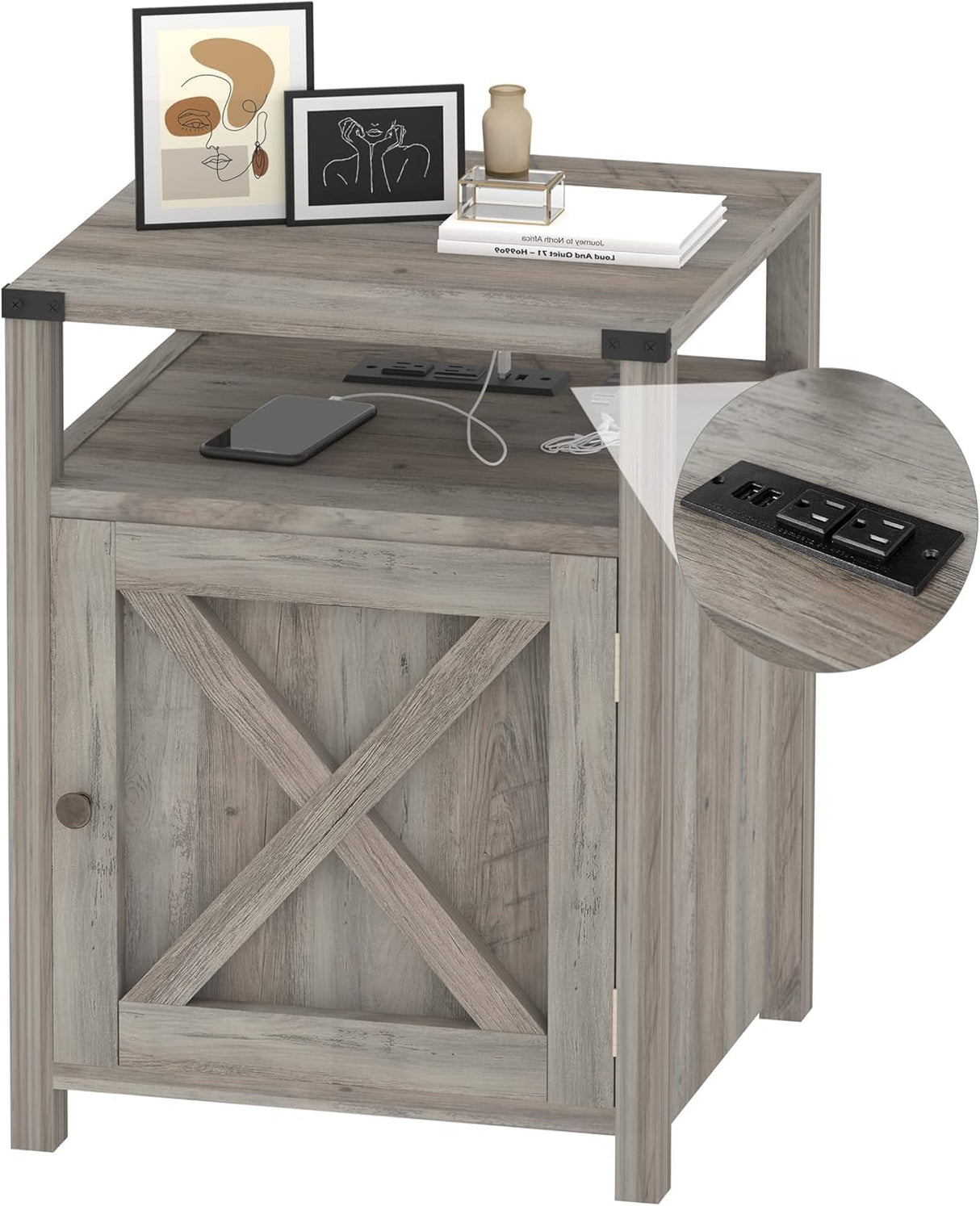 HOSEOKA Farmhouse Nightstand Set of 2 with Charging Station, Rustic End Table Bedroom with Storage Living Room Side Table Dark Oak Night Stand Industrial Bedside Bed Table with USB Ports and Outlets HOSEOKA
