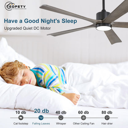 EOPETY 60" Solid Wood Ceiling Fan with Lights and Remote Control, 5 Blade Wood Ceiling Fan with Light for Outdoor Patio Bedroom, 6 Speeds,Timing,Quiet Reversible DC Motor, Grey, Lighted Ceiling Fan