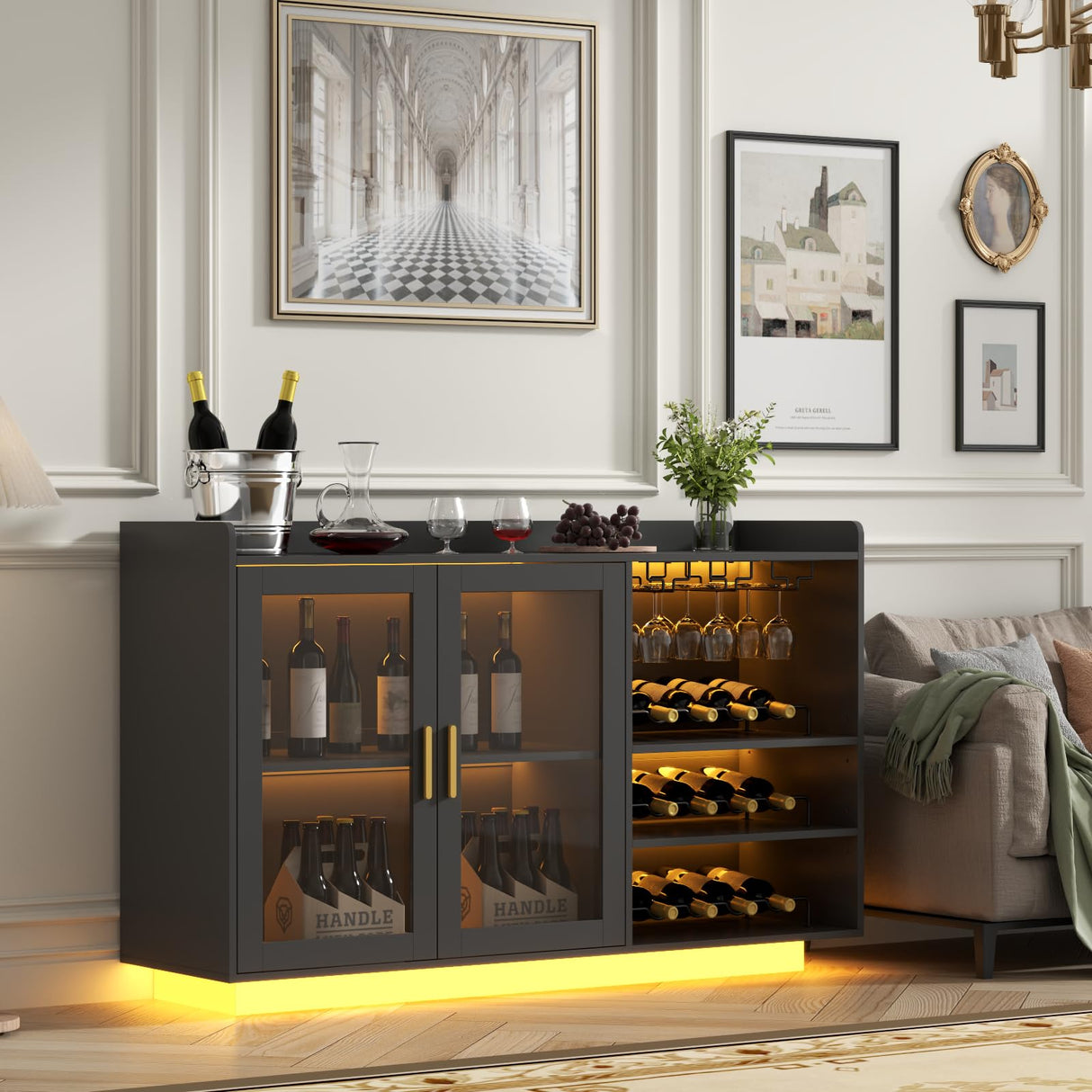 Loomie Wine Bar Cabinet with LED Lights, Floating Coffee Bar with Glass Rack and Removable Wine Racks, Modern Buffet Sideboard with Storage Shelves, Kithchen Bar with Glass Cabinet Doors, Black Loomie