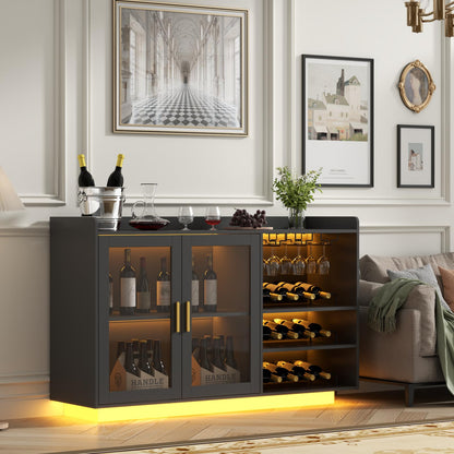 Loomie Wine Bar Cabinet with LED Lights, Floating Coffee Bar with Glass Rack and Removable Wine Racks, Modern Buffet Sideboard with Storage Shelves, Kithchen Bar with Glass Cabinet Doors, Bla - WoodArtSupply