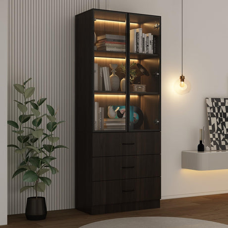 FAMAPY Display Cabinet with Glass Doors & Lights, Display Case with 3-Tier Shelves & 3 Drawers, for Curio Trophy Living Room Home Office, Brown, 15.7”D x 31.5”W x 78.7”H FAMAPY