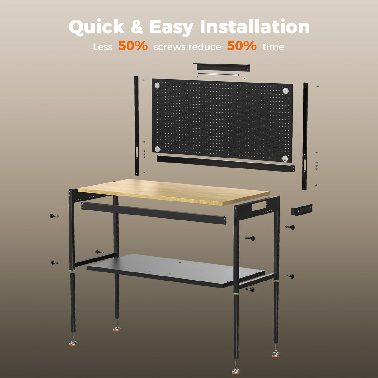 CAMMOO 48" Heavy Duty Work Bench Adjustable Height Max Load 2000 LBS with Storage Shelf for Garage Workbench, Rubberwood Tabletop with Pegboard, LED Light, Built-in Power Strip for Woodworking Shop CAMMOO