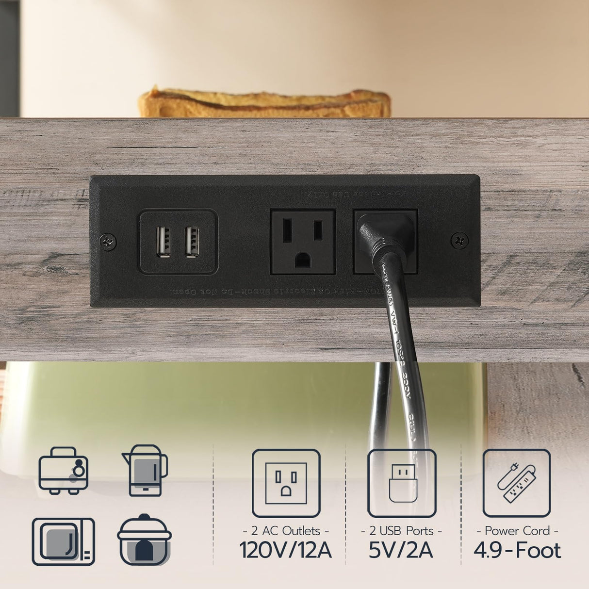 HOOBRO Kitchen Island with Storage, Rolling Island Cart for Kitchen with 2 Drawers & Outlet, 3 Tier Coffee Station and Microwave Stand, Kitchen Island Table for Home, Greige and Black BG08UZD01 HOOBRO