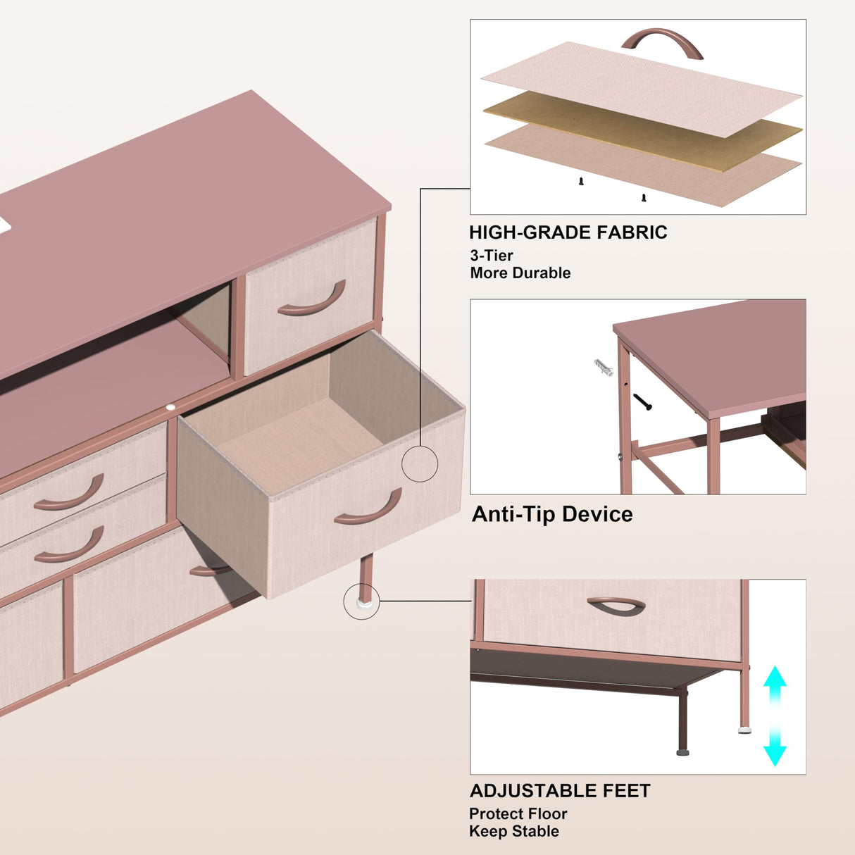 Simoretus Dresser with Charging Station and LED Light for Bedroom 8 Fabric Drawers Chest of Drawers with Power Outlet Storage Open Shelf for Living Room TV Stand Closet Hallway (Pink) Simoretus