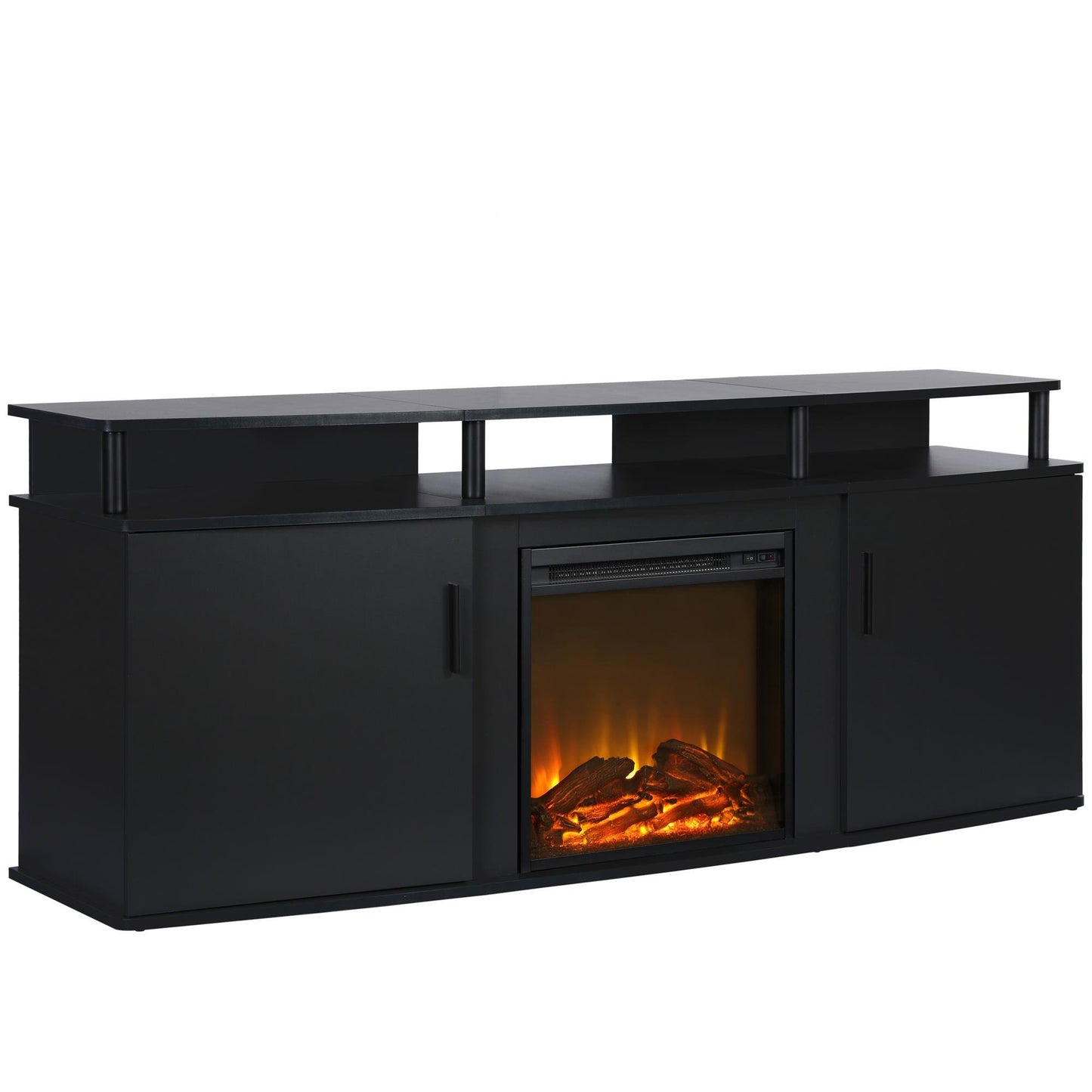 Ameriwood Home Carson Fireplace TV Stand for TVs up to 70 Inch, Replaceable Electric Fireplace Insert Heater, Realistic Log and Flame Effect, For Living Room or Bedroom, Black