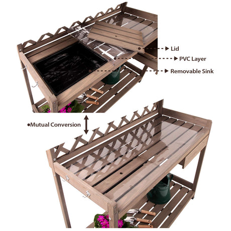 GUTINNEEN Potting Bench Garden Table for Plants Outside Outdoor Wooden Garden Work Bench with Sink Storage PVC Layer Drawer Shelf Hook for Gardening GUTINNEEN