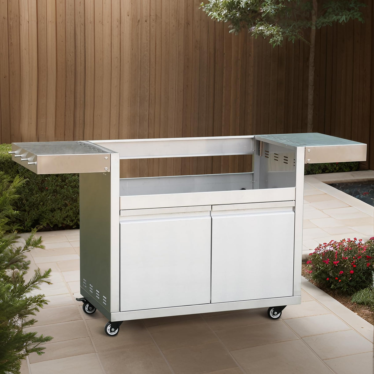 Stainless Steel Grill Cart for Hygrill 5-Burner Built-in Gas Grill, Outdoor Kitchen Island with Foldable Side Shelves and Storage Cabinet Stanbroil