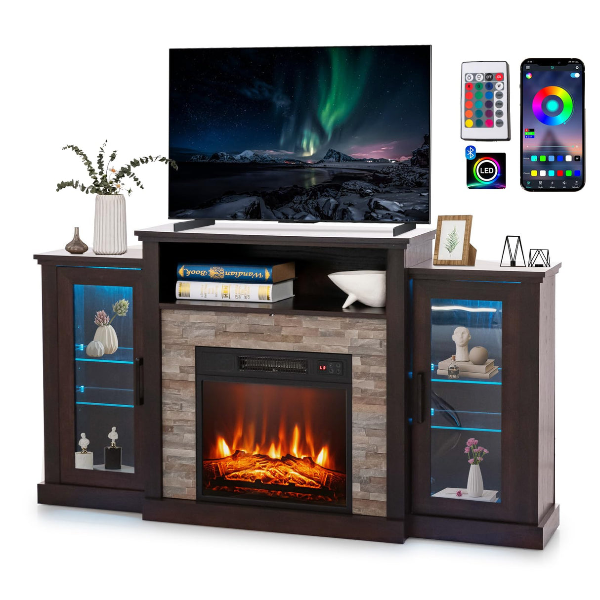 SIMOE Electric Fireplace TV Stand for 65in+ Tv, 19‘’ Fireplace with Mantel, Entertainment Center with 16 Color LED Lights, APP Control & 4 Mode, TV Console for Living Room, Remote Control, Timer SIMOE