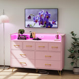 Patikuin Pink Dresser for Bedroom with LED Light & Charging Station, 8 Drawers Wooden Dressers for Women with Open Space, Modern Chest of Wide Drawers for Girls Bedroom Living Room, Entryway, Hallway Patikuin
