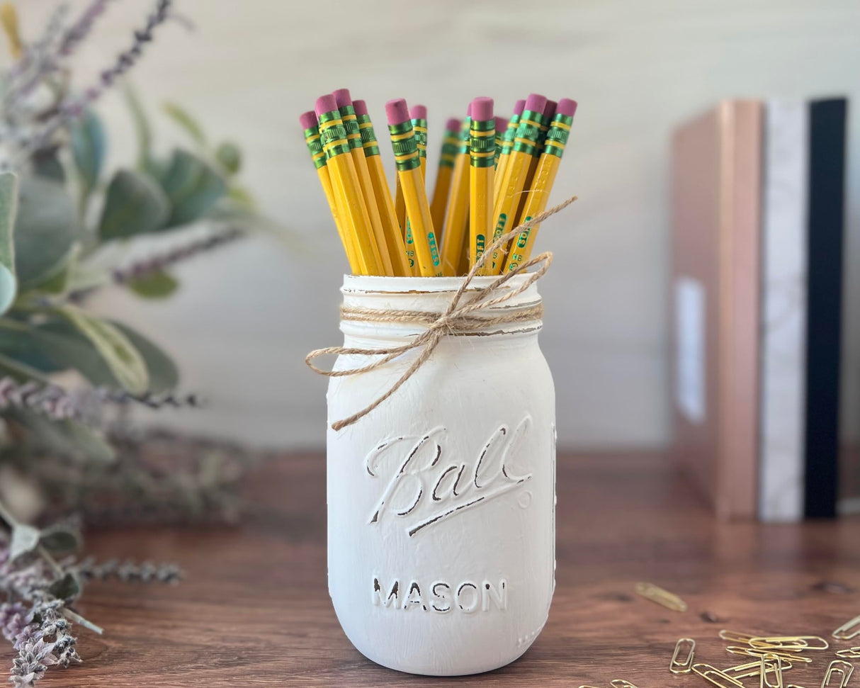 Small White Mason Jar Decor – 16 oz Hand Painted Distressed Jar – 5 Inch Farmhouse Pen Holder or Small Flower Vase – Rustic Modern Centerpiece for Desk, Tiered Tray (White Jar - No Flowers) Viva's Flower Shop