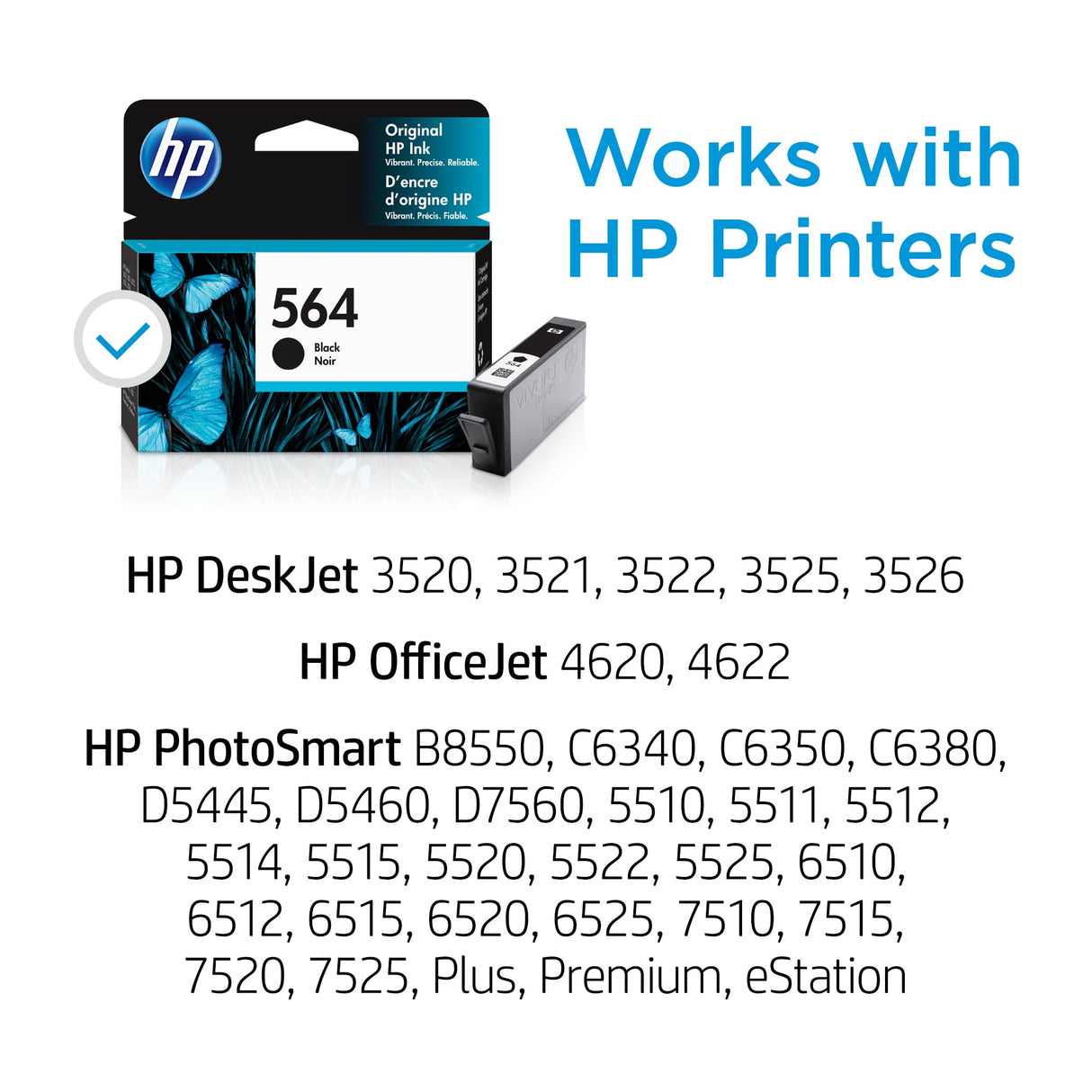 HP 564 Black Ink Cartridge | Works with DeskJet 3500; OfficeJet 4620; PhotoSmart B8550, C6300, D5400, D7560, 5510, 5520, 6510, 6520, 7510, 7520, Plus, Premium, eStation Series | CB316WN HP