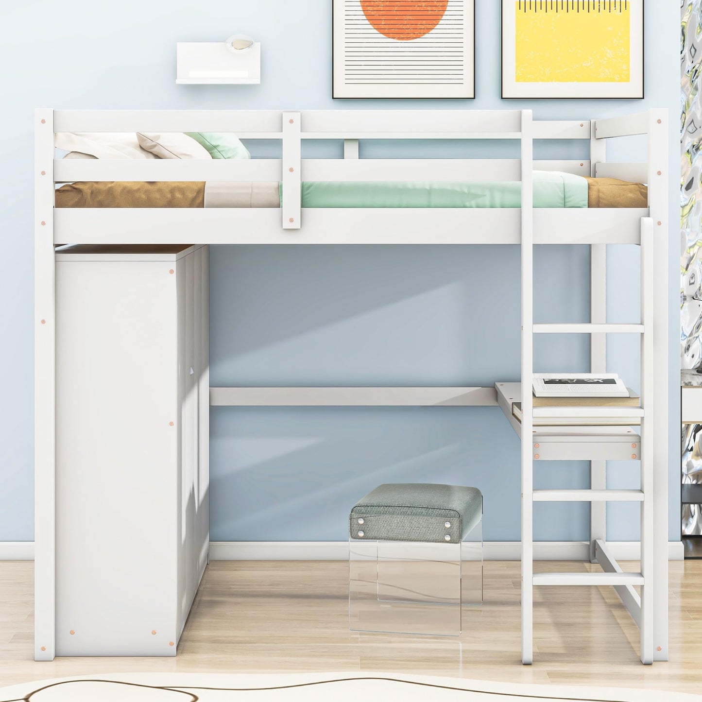 Full Size Loft Bed with Desk and Wardrobe Storage - BIADNBZ Wooden Bedframe in White - WoodArtSupply